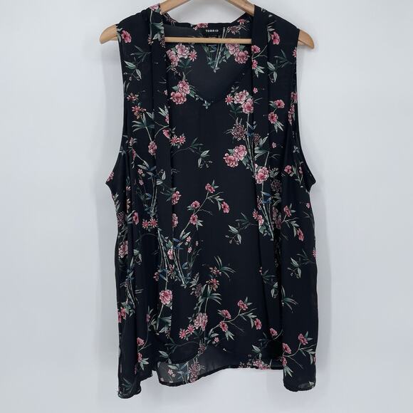 Torrid Floral Blouse Tie Neck Black Pink Women Plus 2X Whimsigoth Croquette Chic - Picture 5 of 10